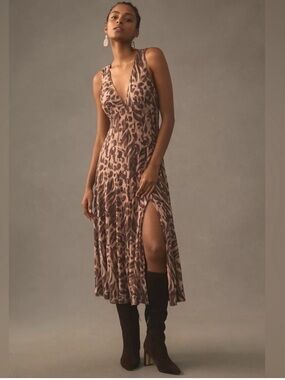 Pilcro Brown Animal-Print V-Neck Midi Dress